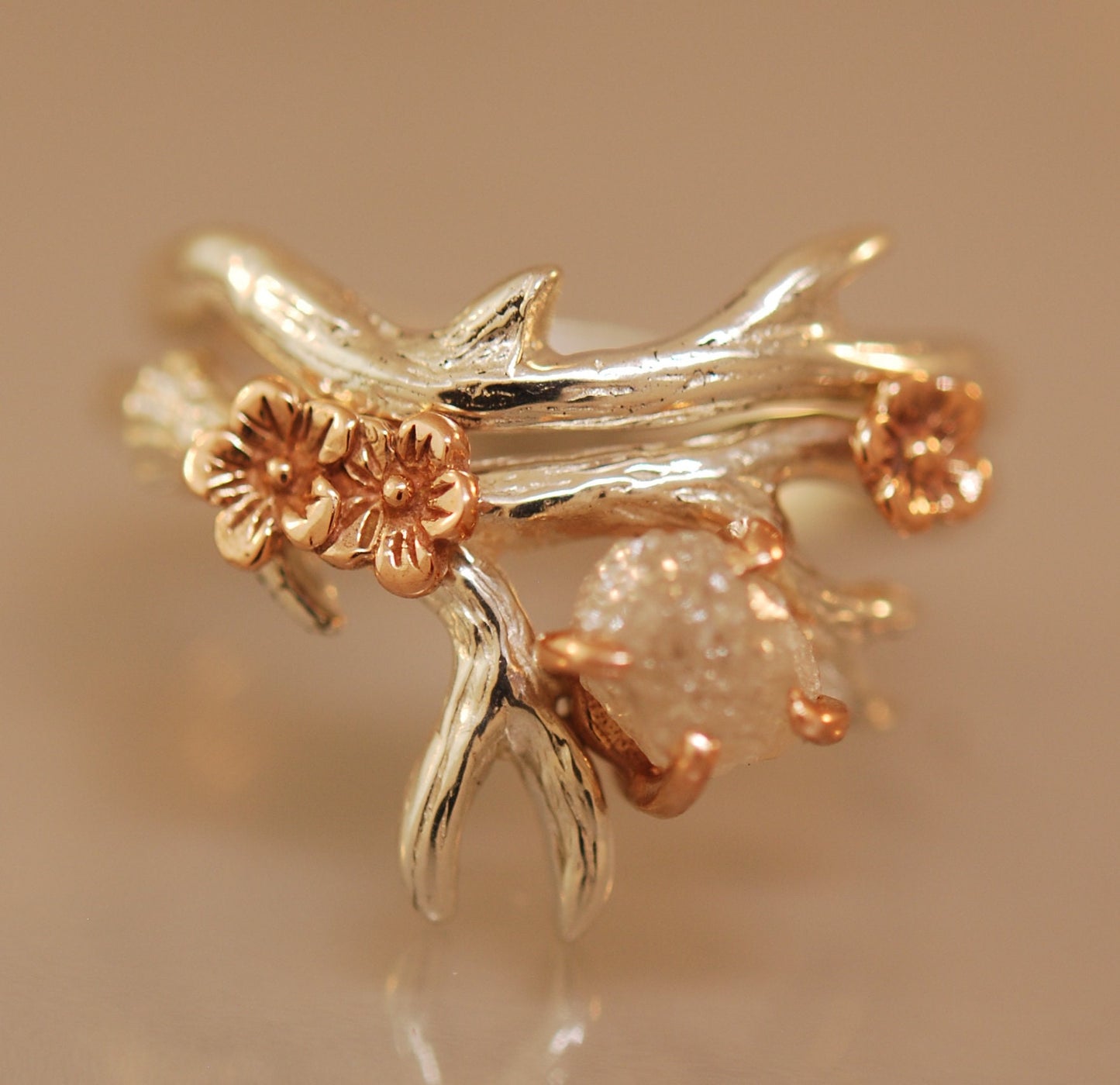 Antler Ring 2 With Rose Gold Flowers, Raw Diamond, Alternative Engagement Ring, Twig with Diamond, Raw Stone Ring