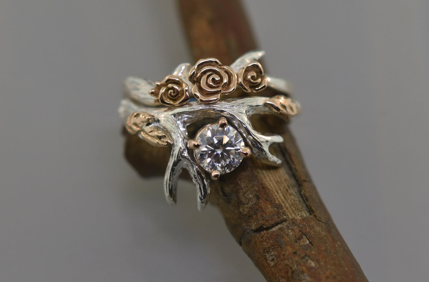Roses and Leaves, Endeering Diamond Antler Ring Set