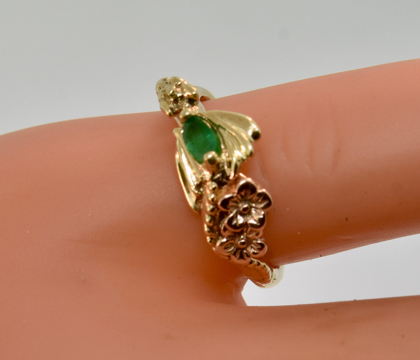 Baby dragon Ring with Emerald and Rose Gold Flowers.