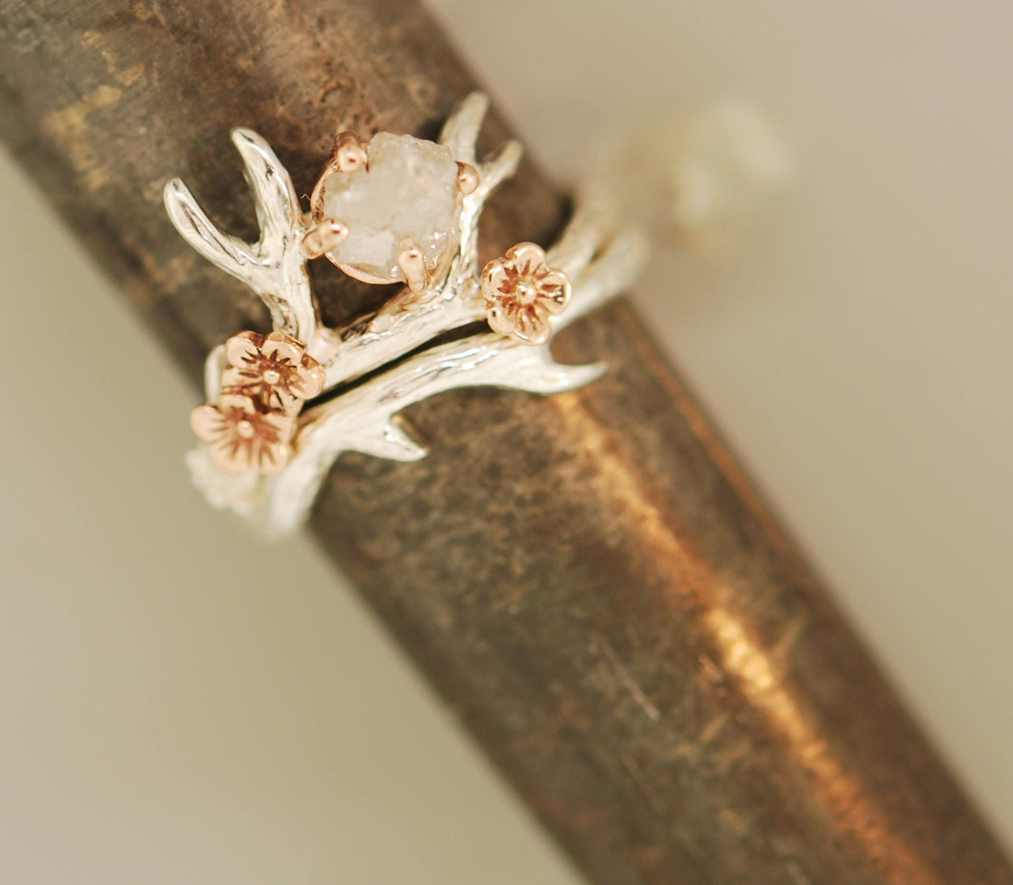Antler Ring 2 With Rose Gold Flowers, Raw Diamond, Alternative Engagement Ring, Twig with Diamond, Raw Stone Ring