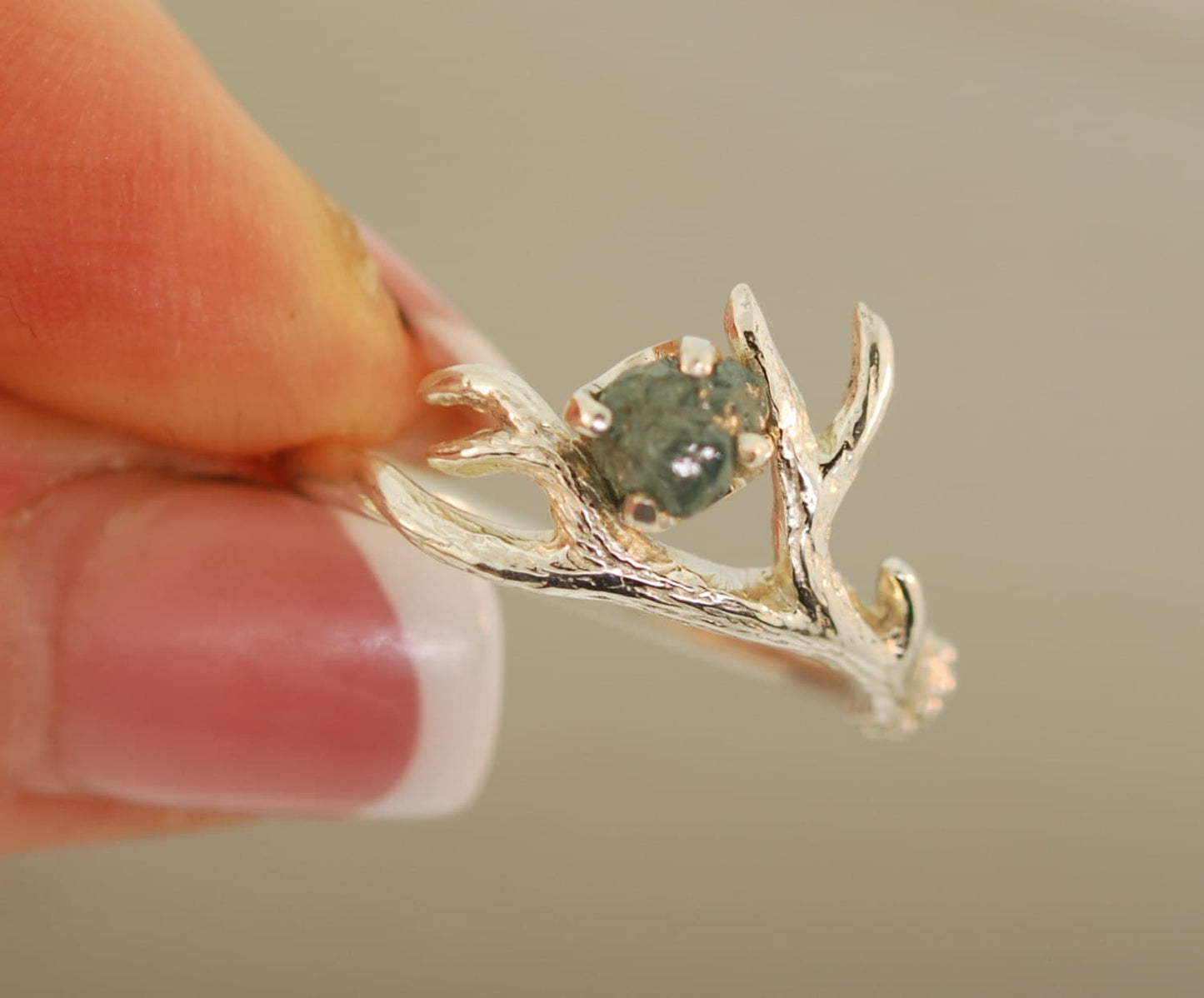 Antler Ring with Raw Diamond - Nature-Inspired Engagement Ring