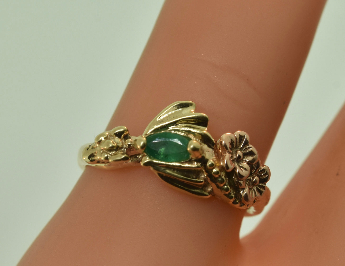 Baby dragon Ring with Emerald and Rose Gold Flowers.