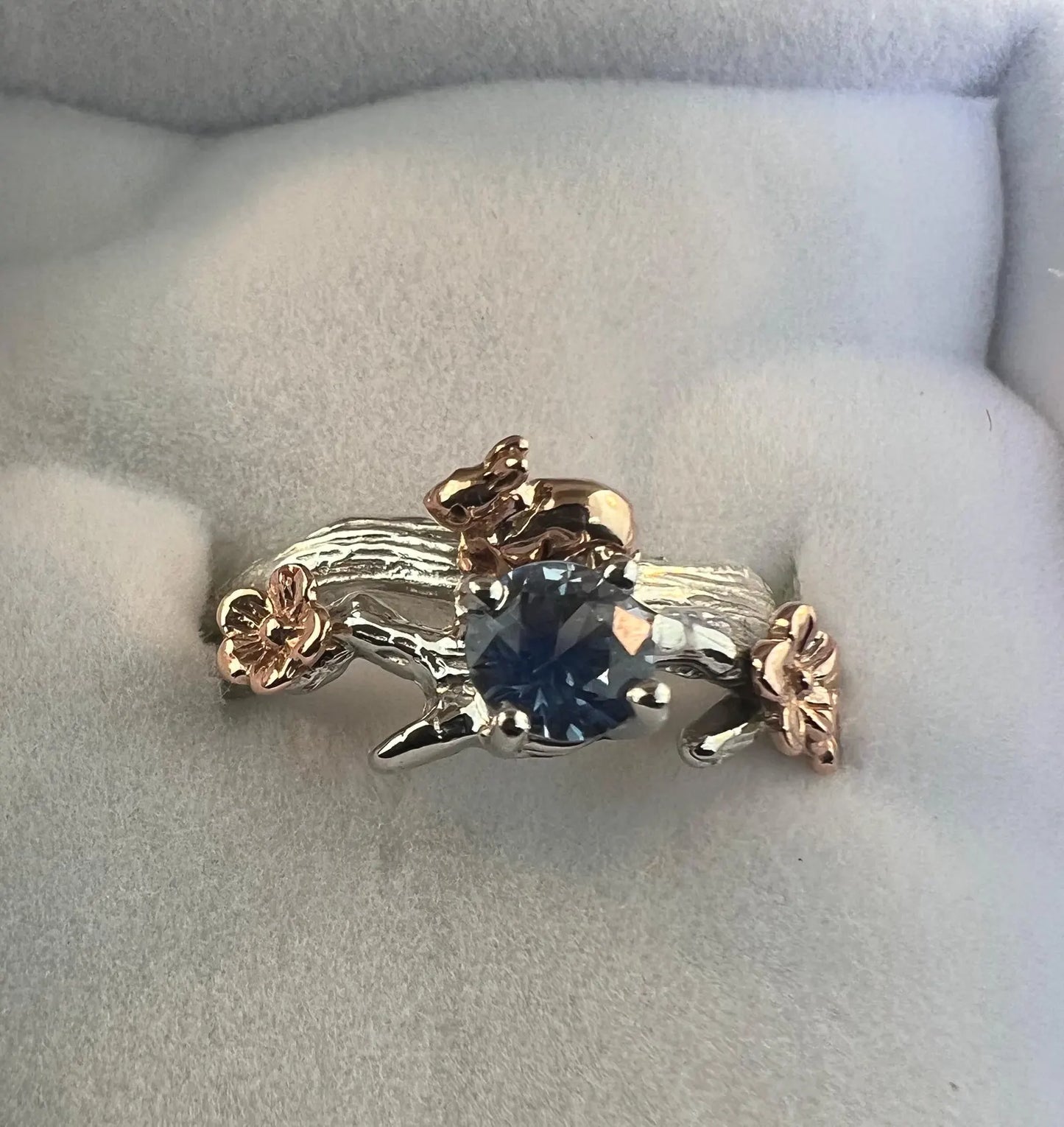 Cherry Blossom Sapphire Ring Set with Rose Gold Flowers
