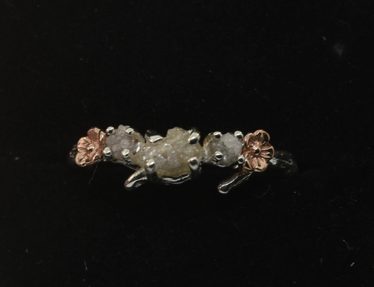 Raw Diamond Ring, Sterling Silver, Cherry Branch, Rose Gold Flowers