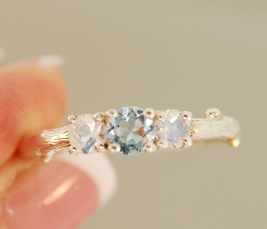 engagement ring, alternative engagement ring, twig engagement ring, branch ring, branch band, twig ring, aquamarine ring, moonstone ring,