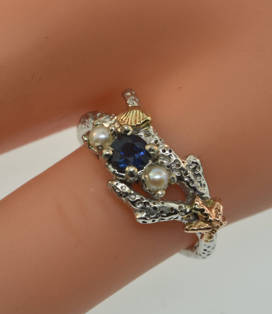 Sapphire Starfish Ring, coral ring, starfish ring, sapphire ring, Sapphire ring, coral branch, alternative engagement ring, pearl ring,