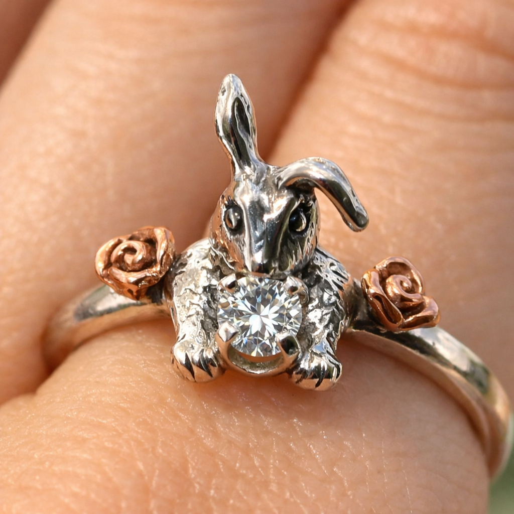 Hoppy Ever After bunny ring available in sterling silver, 10k or 14k white gold with solid 14k rose gold flower accents and moissanite gemstone — handmade nature-inspired rabbit engagement ring
