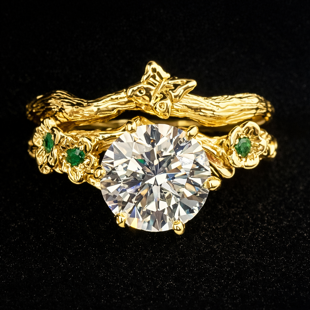 The Debra bud branch moissanite ring set with butterfly band in 14k gold with emerald accents, handmade bridal ring set by Teri Lee Jewelry
