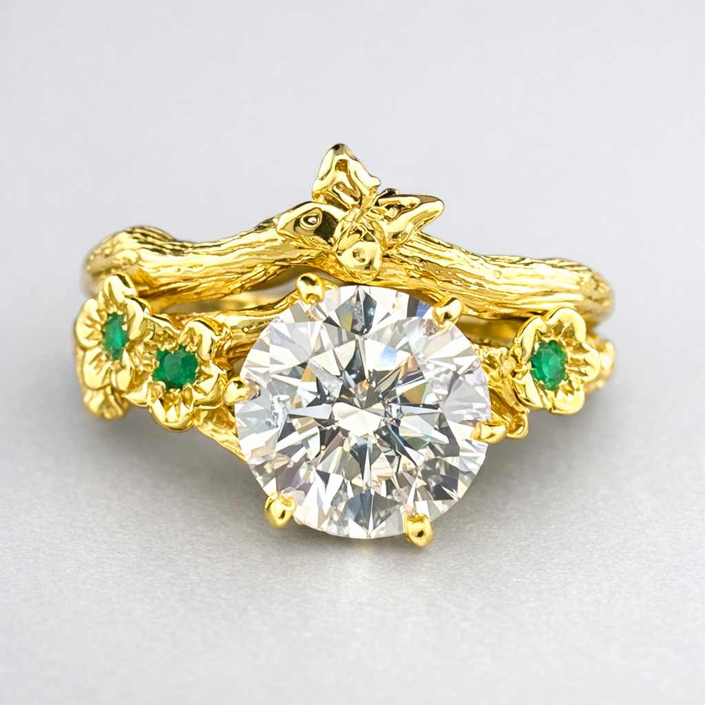 The Debra handcrafted 14k gold moissanite ring set with butterfly band, bud branch floral design with natural emerald gemstones, unique engagement ring by Teri Lee Jewelry