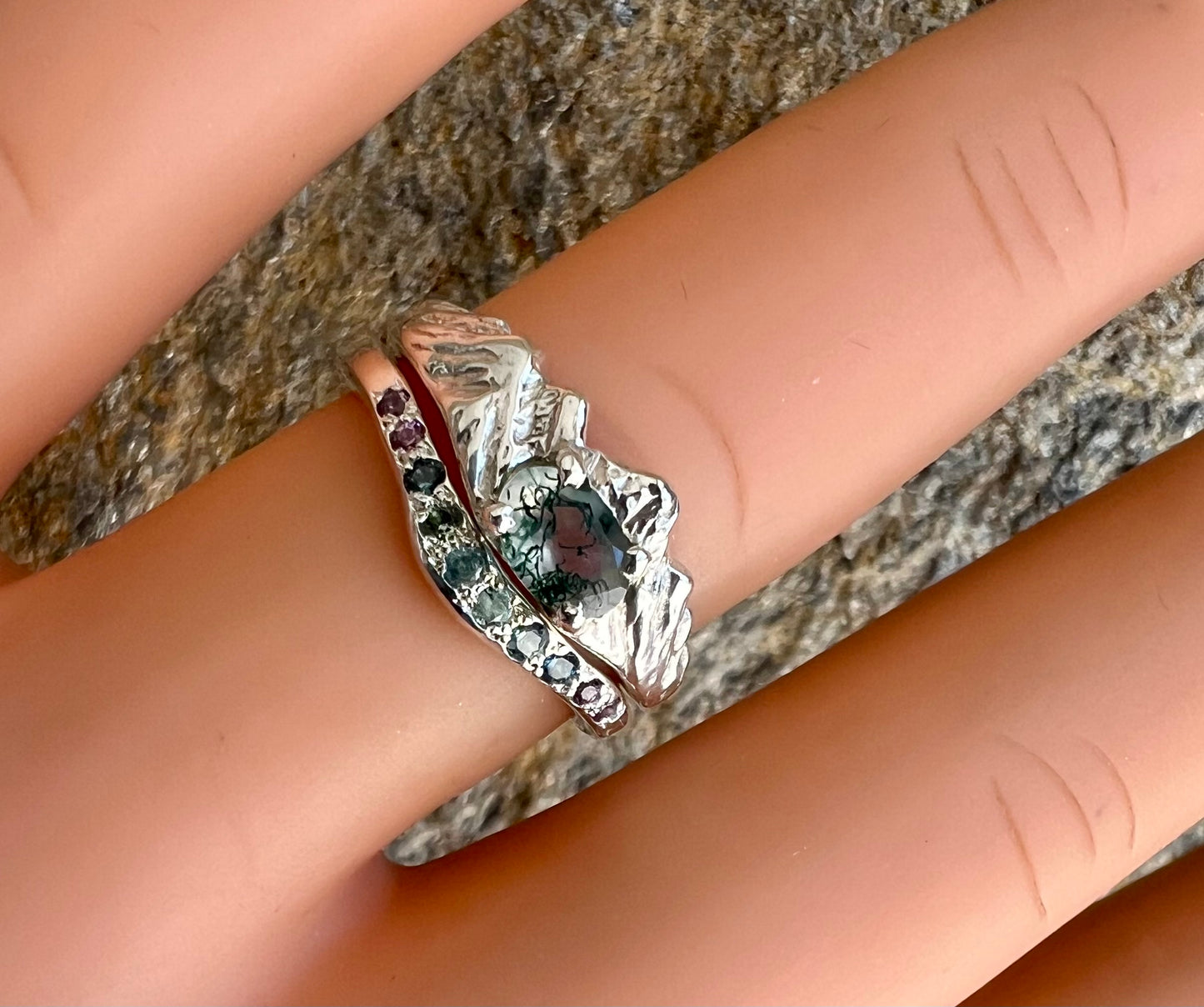 Avalanche Mountain Ring with Moss Agate & Sapphire Band