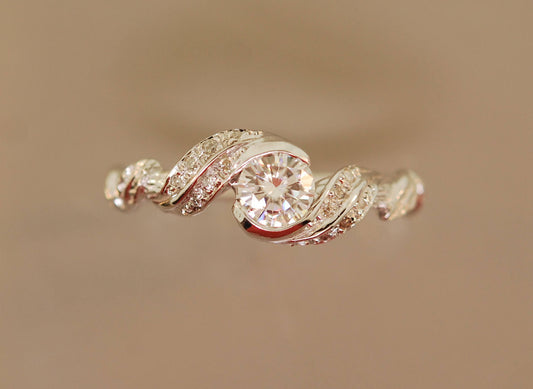 Cascade Leaf Ring with Diamond Pave