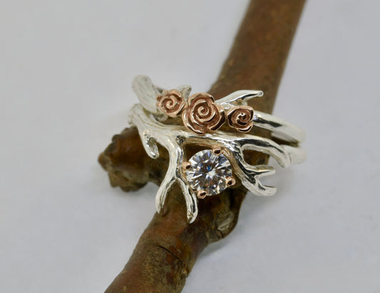 Antler Ring  With Rose Gold Flowersgement ring set