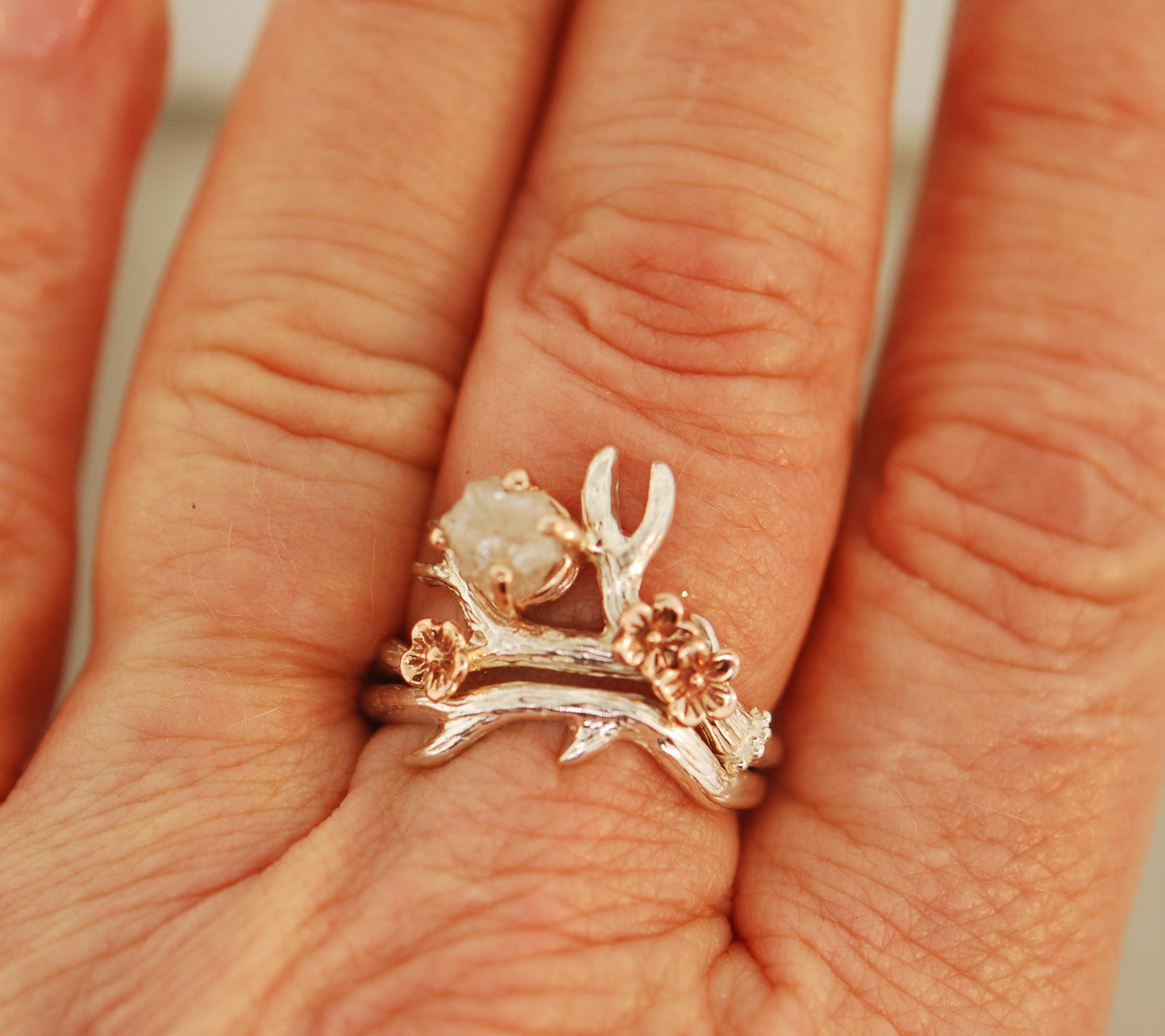 Antler Ring 2 With Rose Gold Flowers, Raw Diamond, Alternative Engagement Ring, Twig with Diamond, Raw Stone Ring