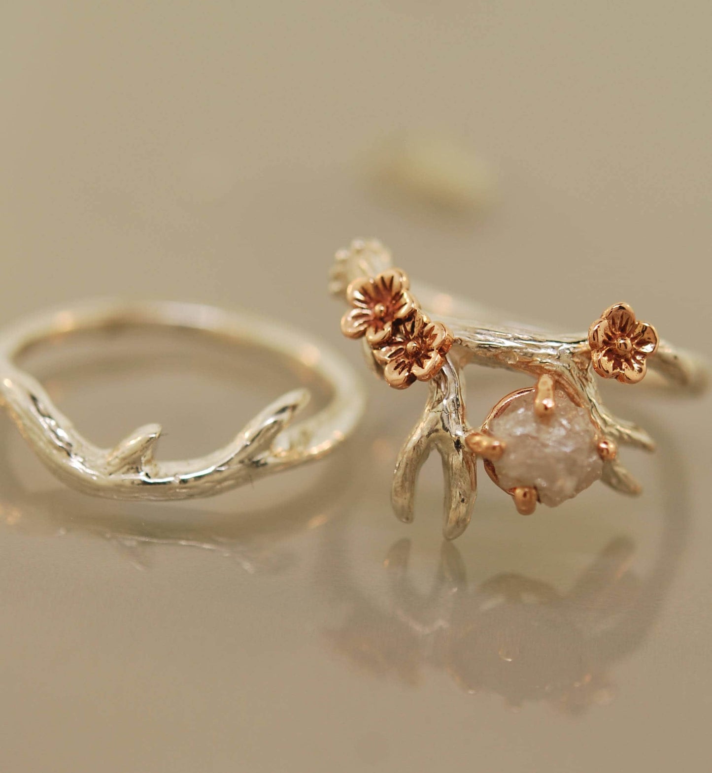 Antler Ring 2 With Rose Gold Flowers, Raw Diamond, Alternative Engagement Ring, Twig with Diamond, Raw Stone Ring