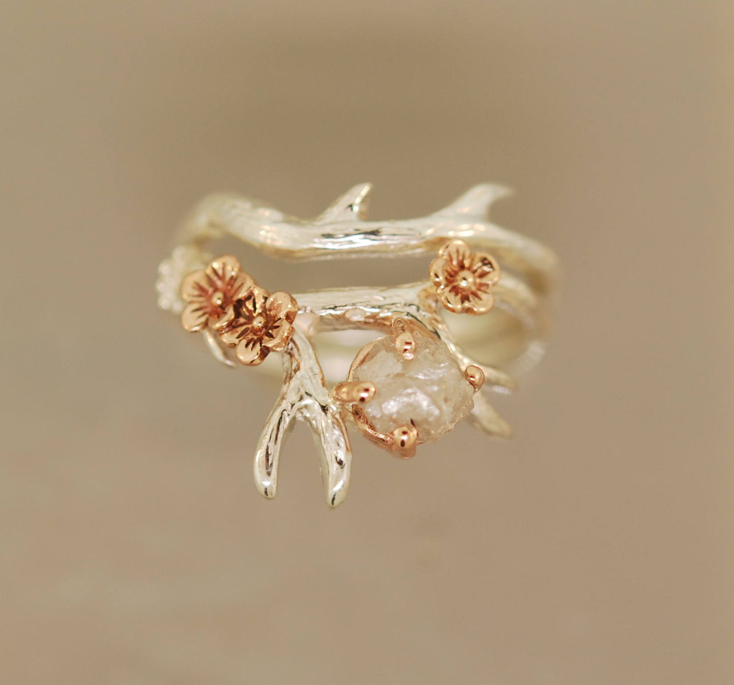 Antler Ring 2 With Rose Gold Flowers, Raw Diamond, Alternative Engagement Ring, Twig with Diamond, Raw Stone Ring