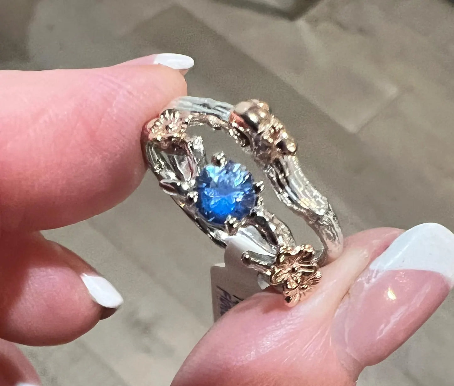 Cherry Blossom Sapphire Ring Set with Rose Gold Flowers