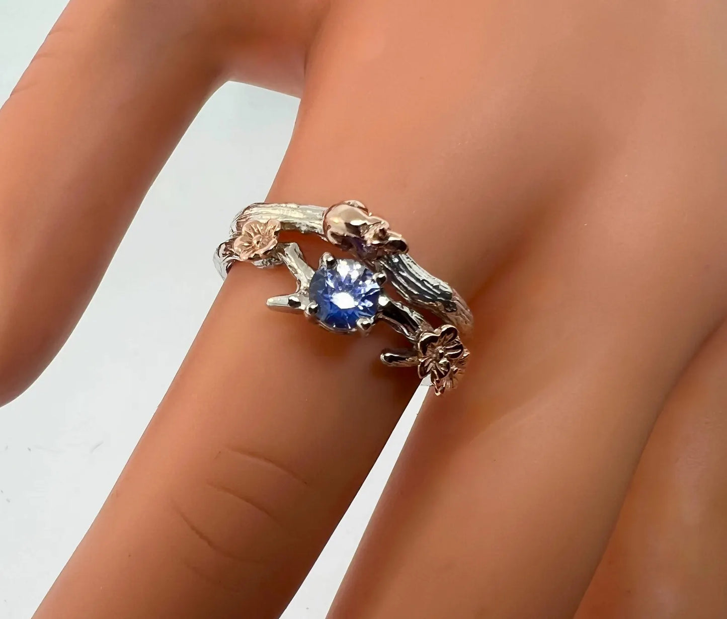 Cherry Blossom Sapphire Ring Set with Rose Gold Flowers