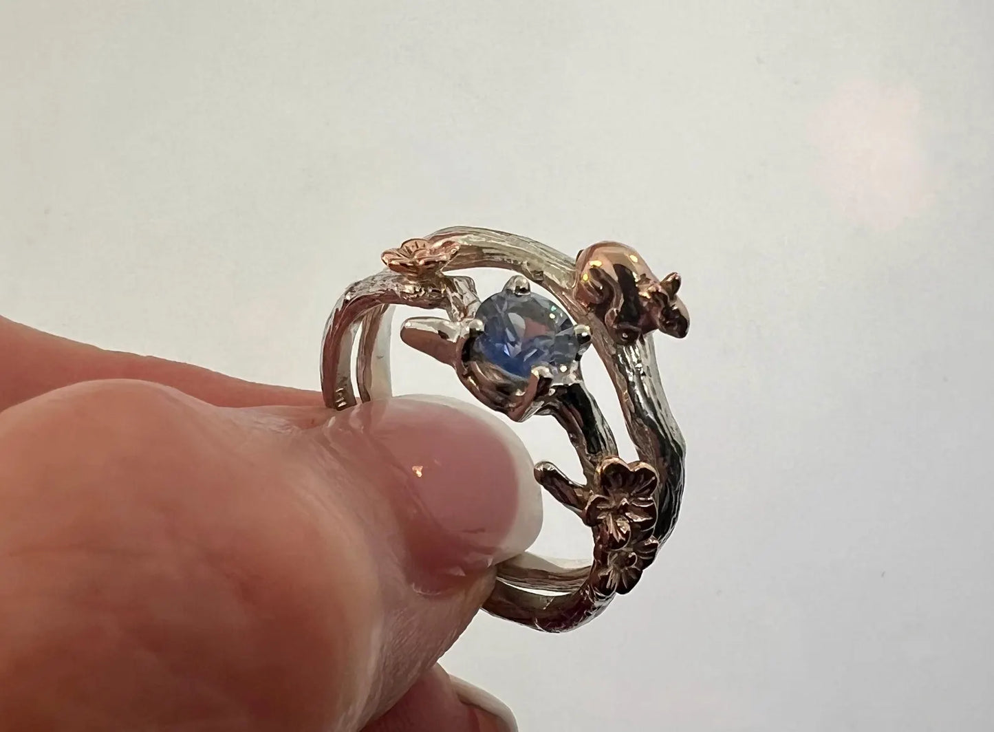Cherry Blossom Sapphire Ring Set with Rose Gold Flowers