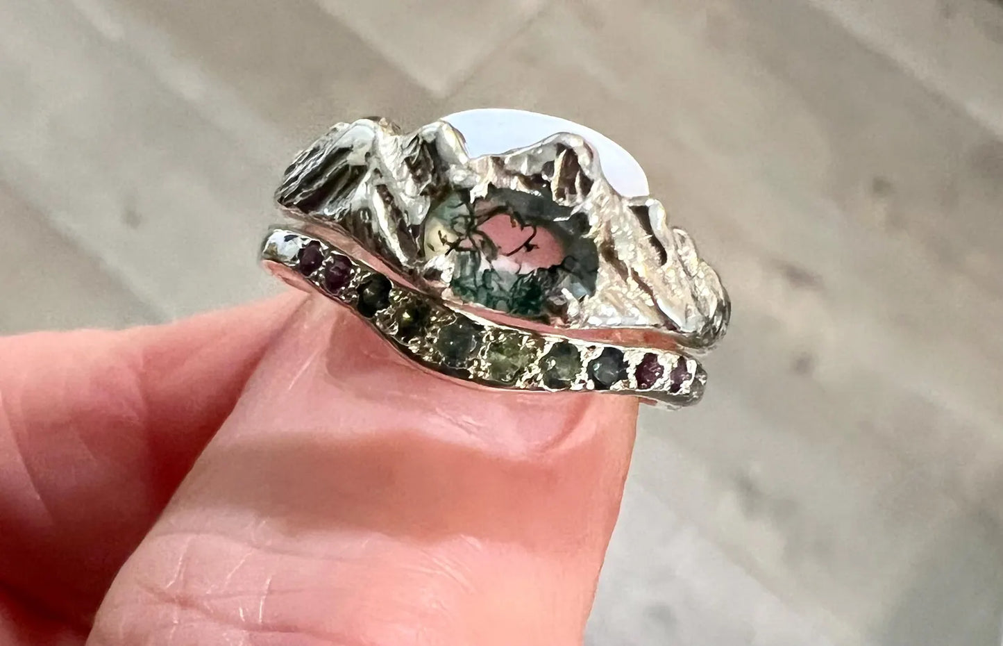 Avalanche Mountain Ring with Moss Agate & Sapphire Band