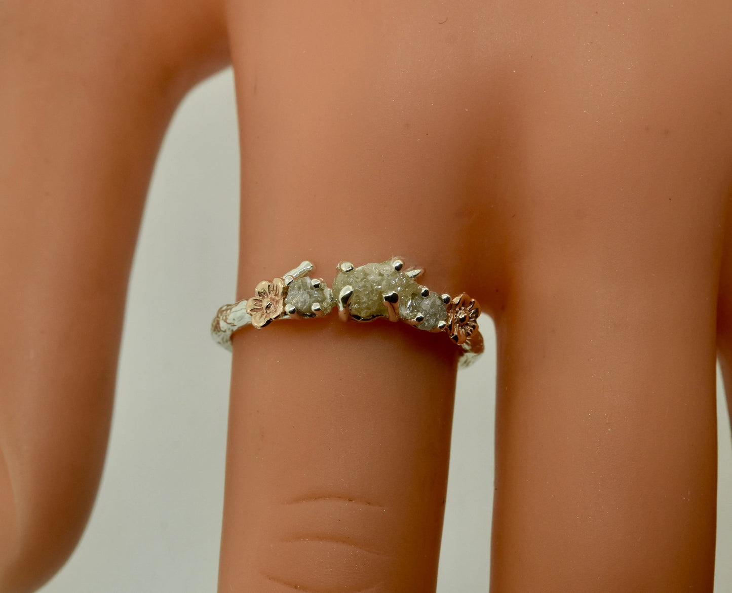 Raw Diamond Ring, Sterling Silver, Cherry Branch, Rose Gold Flowers
