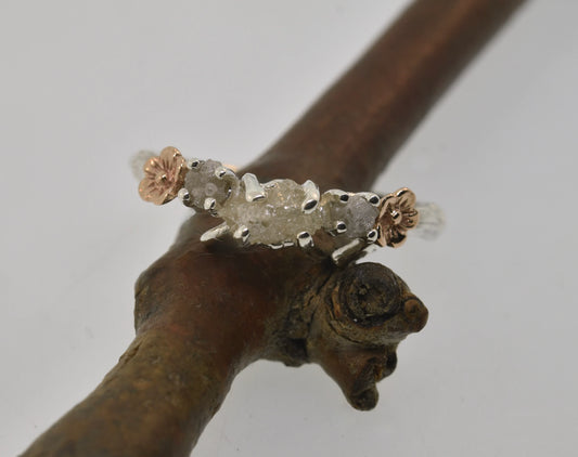 Raw Diamond Ring, Sterling Silver, Cherry Branch, Rose Gold Flowers
