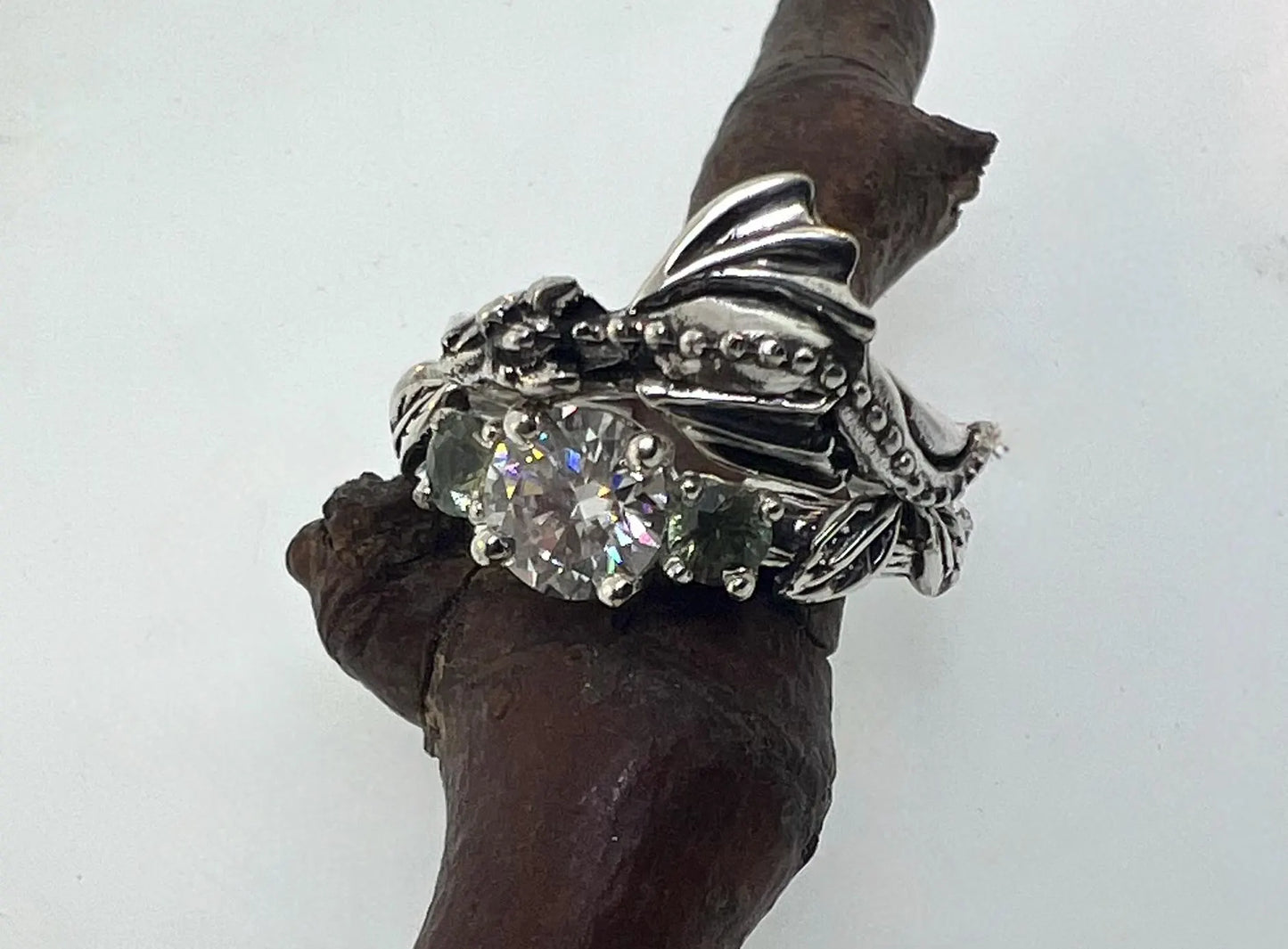 Baby dragon cascade leaf ring with moissanite and green sapphires (Copy)