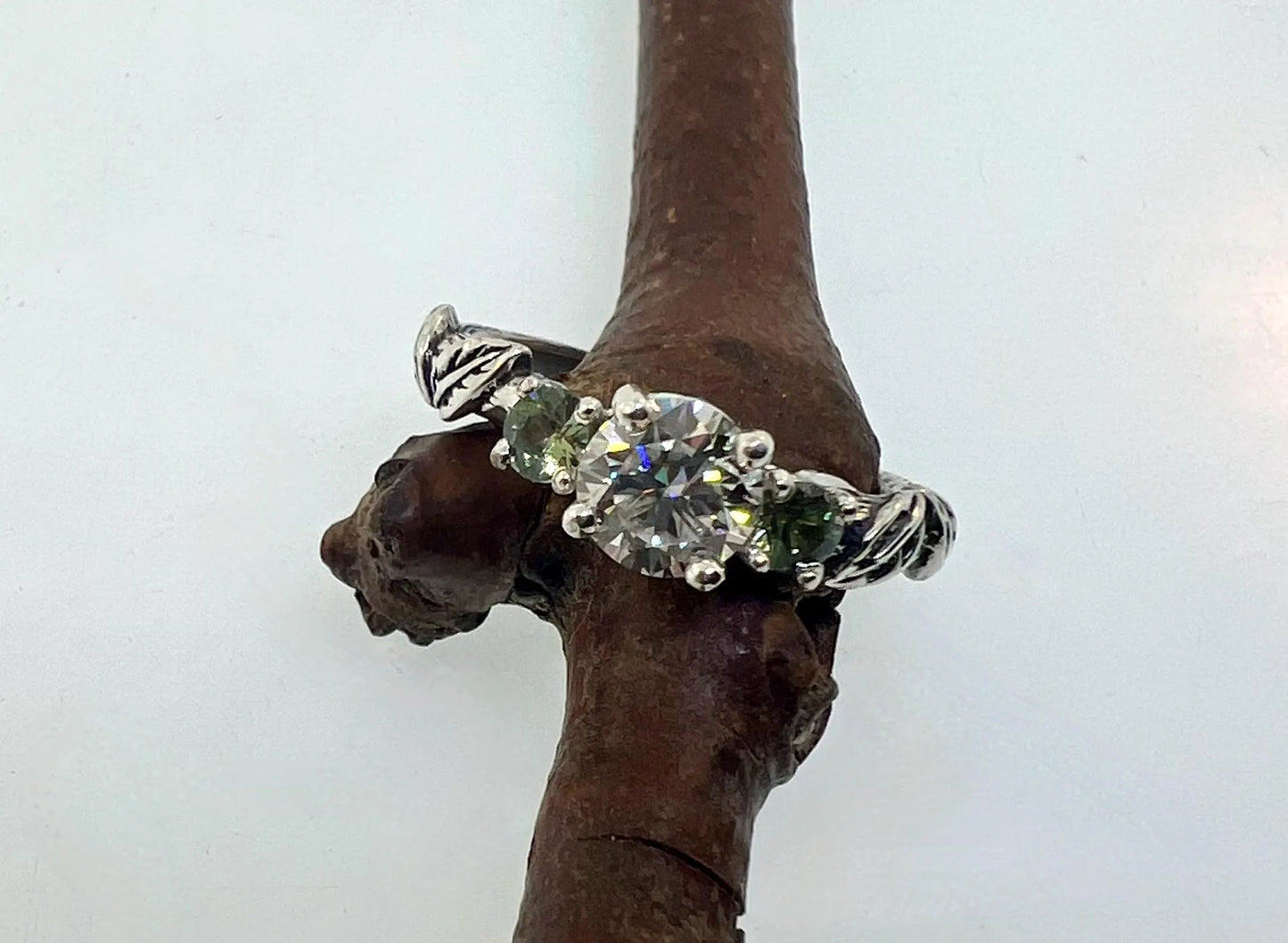 Baby dragon cascade leaf ring with moissanite and green sapphires (Copy)