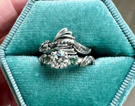 Baby dragon cascade leaf ring with moissanite and green sapphires (Copy)