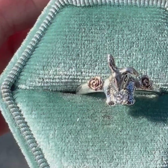 Hoppy Ever After bunny ring with moissanite and 14k rose gold flowers — handmade nature-inspired rabbit engagement ring by Teri Lee Jewelry
