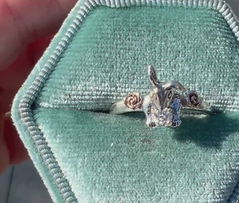 Hoppy Ever After bunny ring with moissanite and 14k rose gold flowers — handmade nature-inspired rabbit engagement ring by Teri Lee Jewelry
